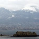 A view of the Vesuvio volcano covered by snow is seen in Naples